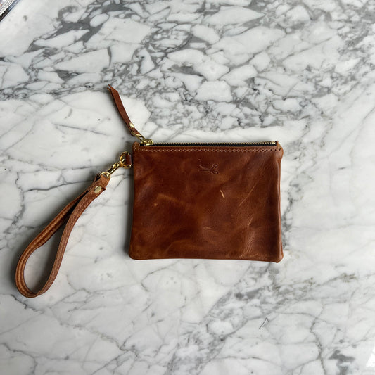 Leather Small Zip Pouch with wristlet strap