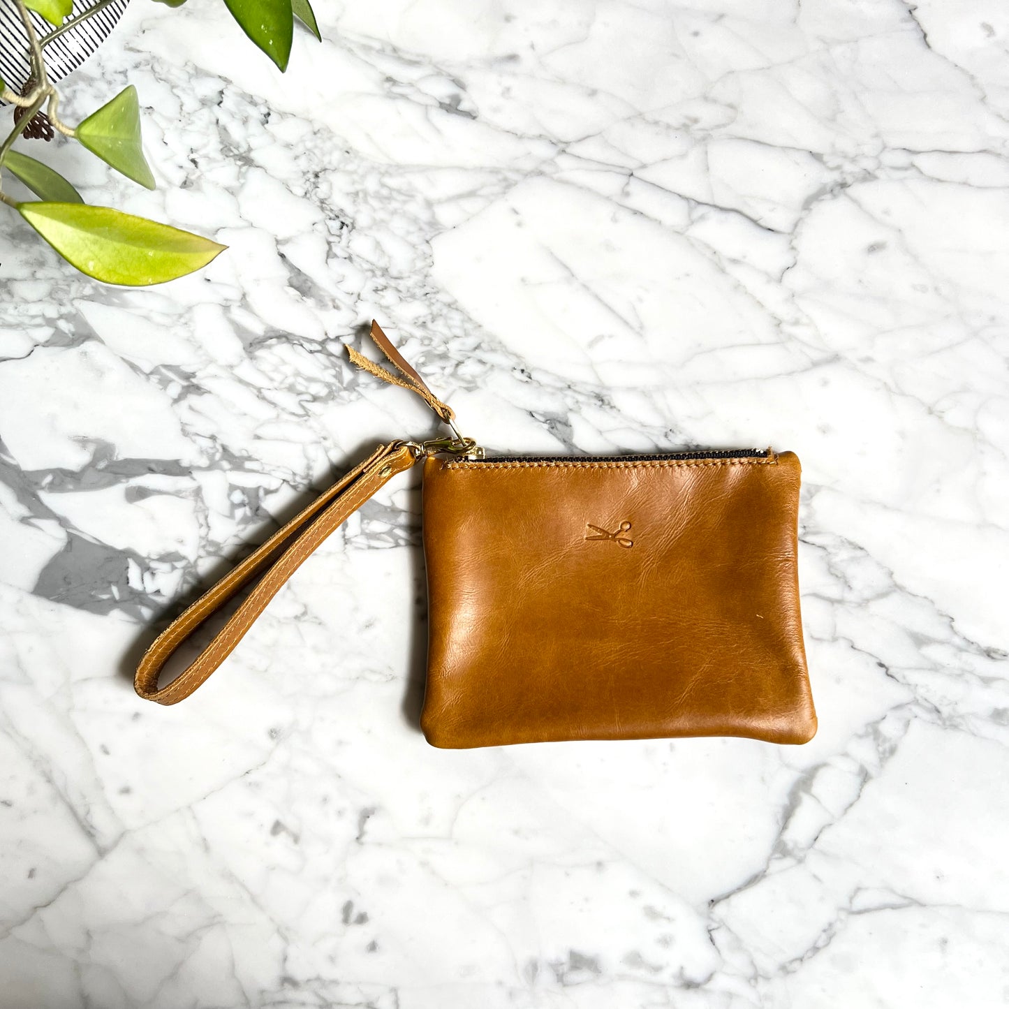 Leather Small Zip Pouch with wristlet strap