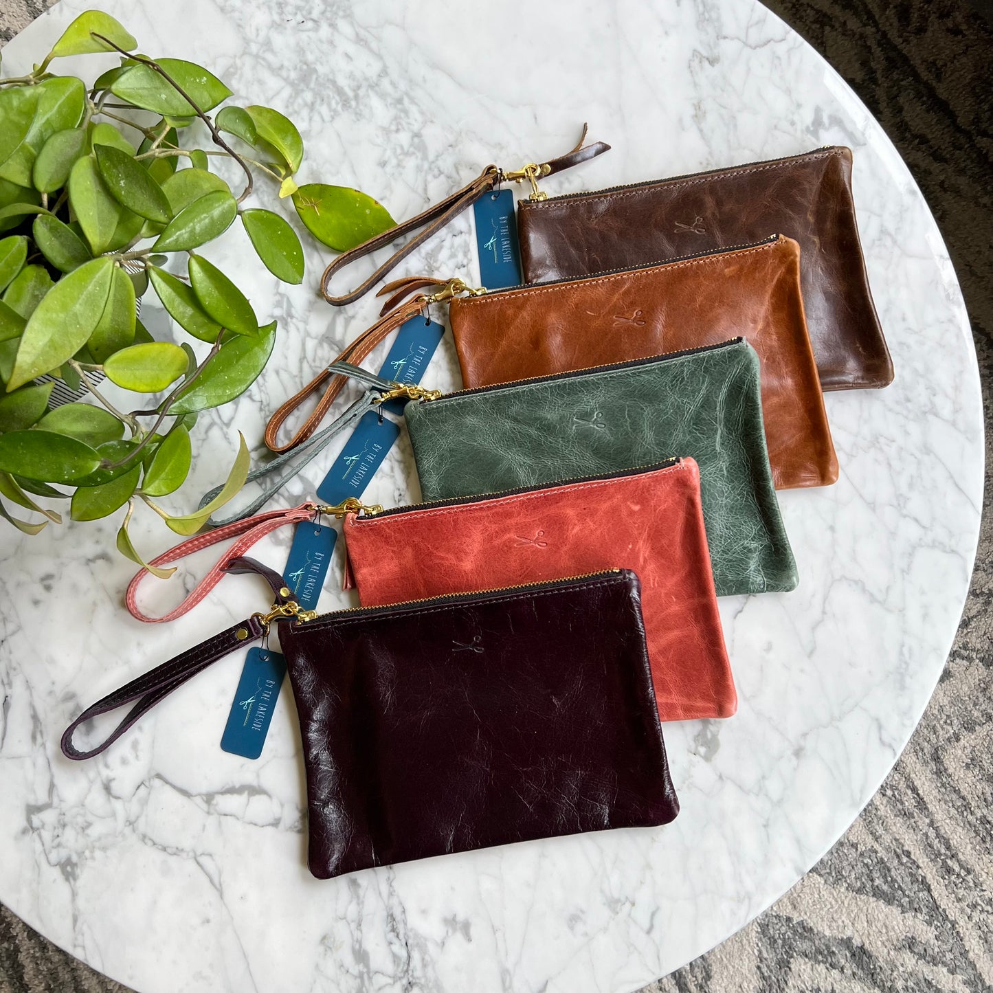 Leather Medium Zip Pouch with wristlet strap