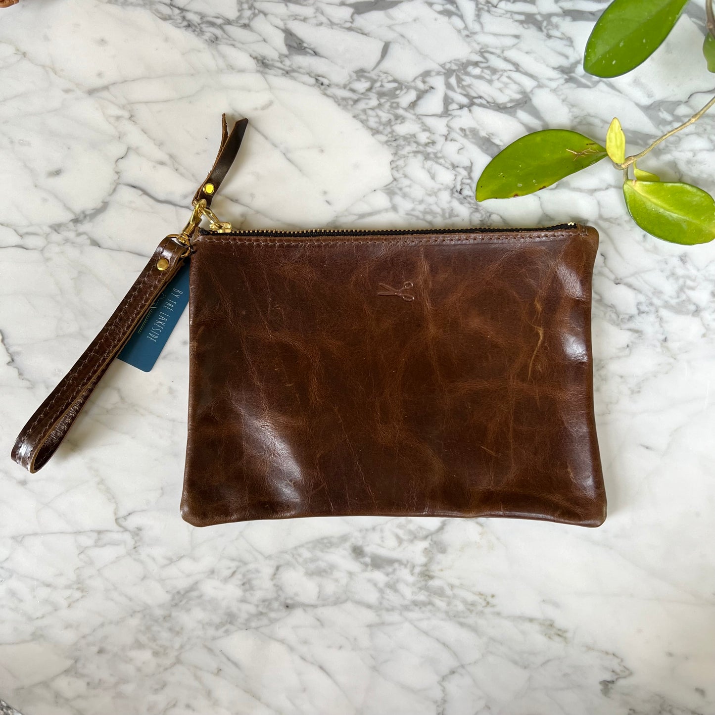 Leather Medium Zip Pouch with wristlet strap