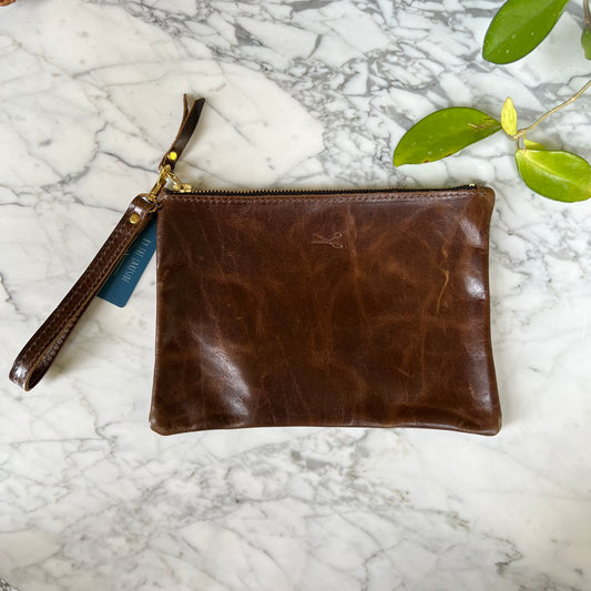 Leather Medium Zip Pouch with wristlet strap