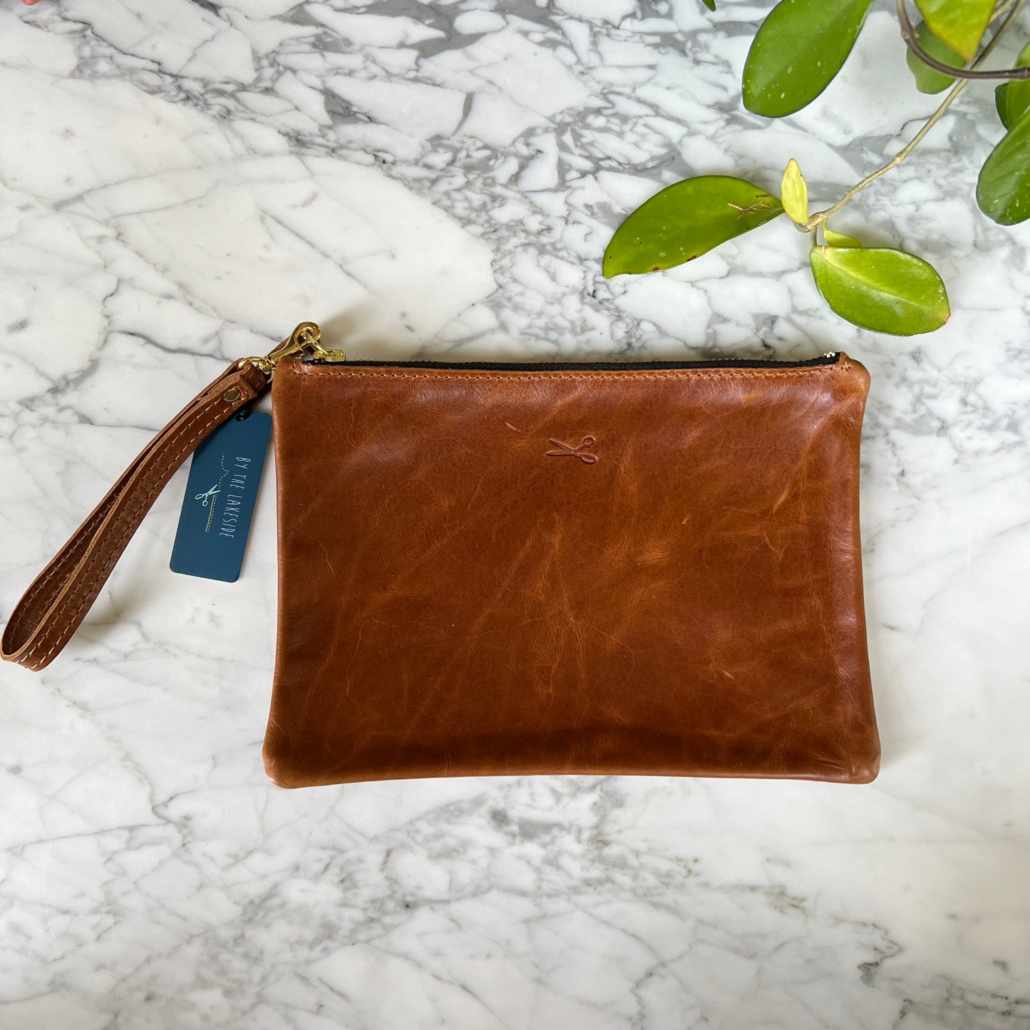 Leather Medium Zip Pouch with wristlet strap