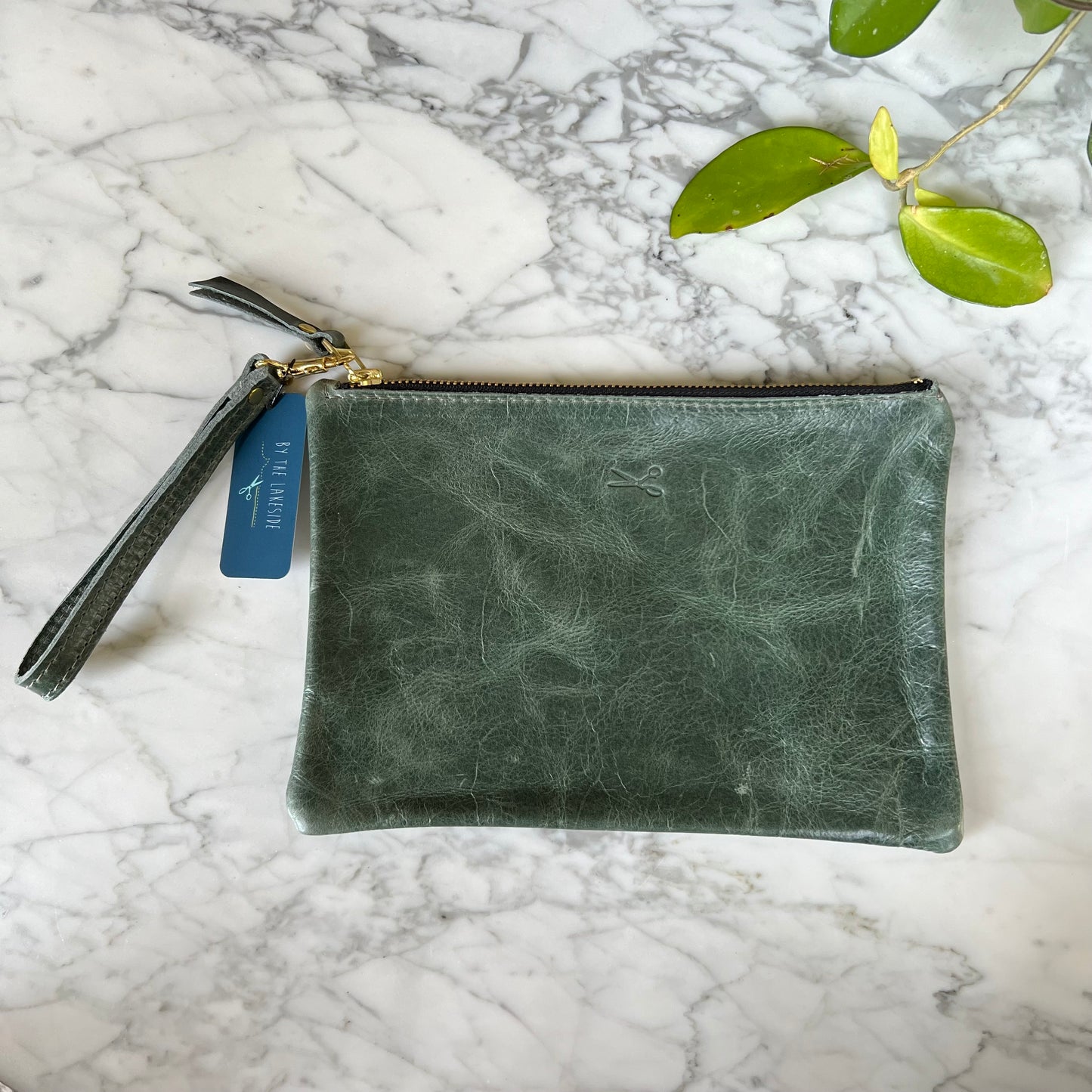 Leather Medium Zip Pouch with wristlet strap