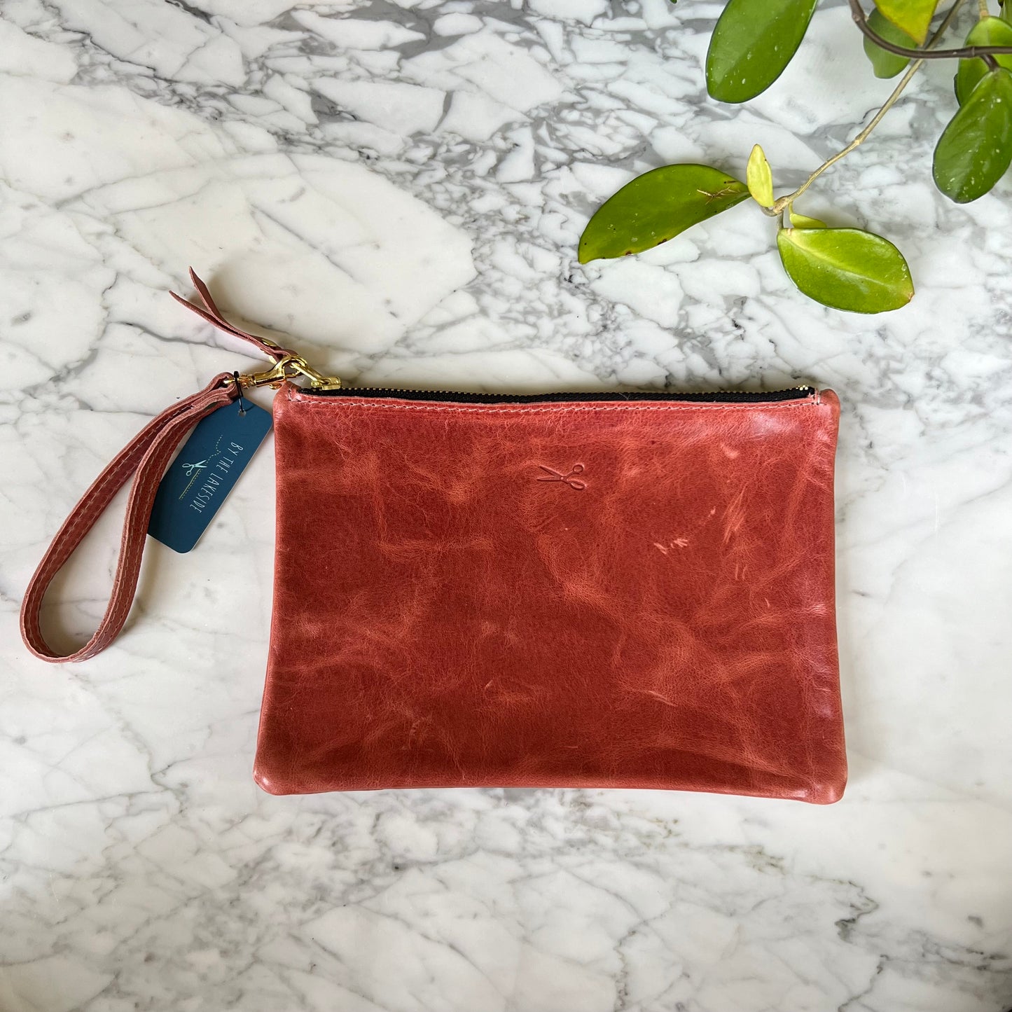 Leather Medium Zip Pouch with wristlet strap