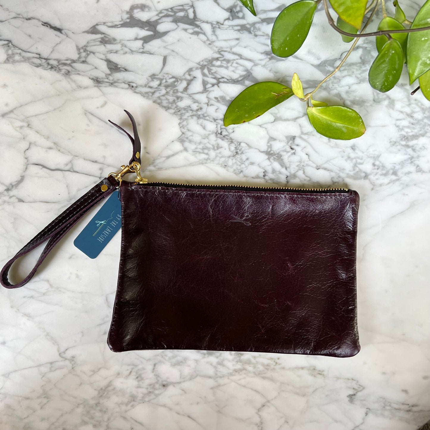 Leather Medium Zip Pouch with wristlet strap