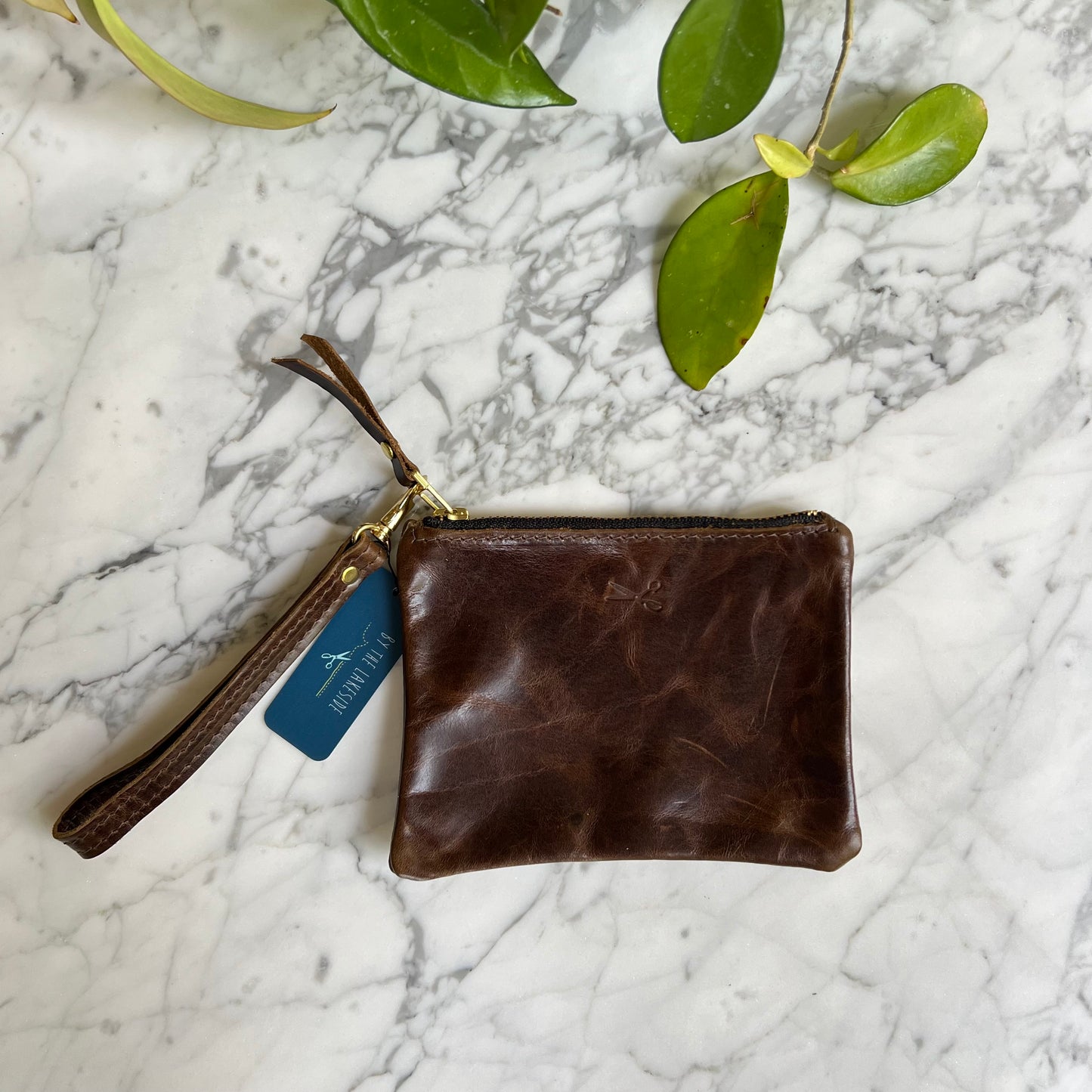 Leather Small Zip Pouch with wristlet strap
