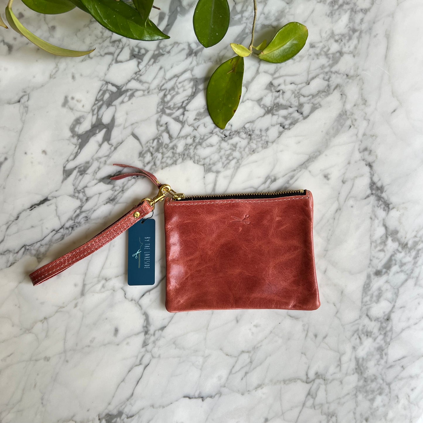 Leather Small Zip Pouch with wristlet strap
