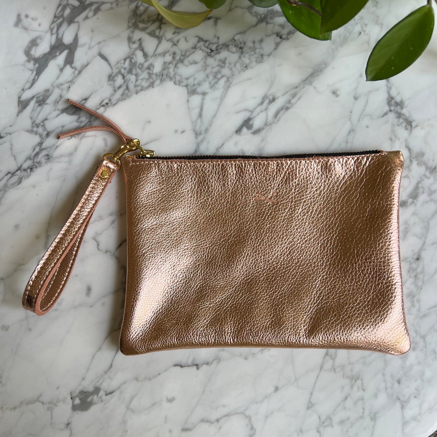 Metallic Leather Medium Zip Pouch with wristlet strap