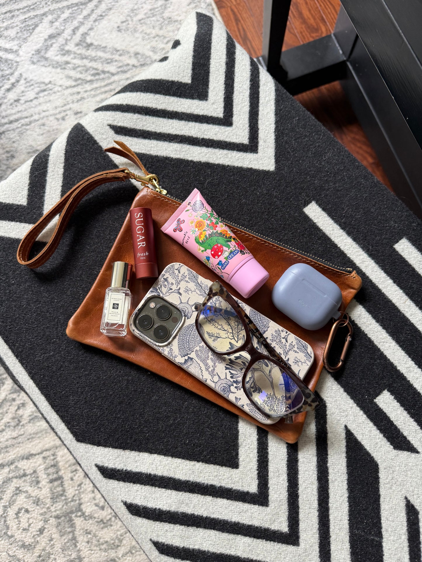 Leather Medium Zip Pouch with wristlet strap