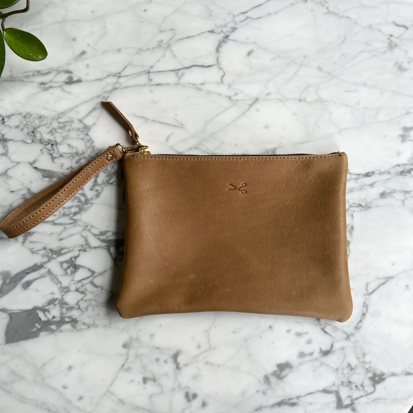 Leather Medium Zip Pouch with wristlet strap