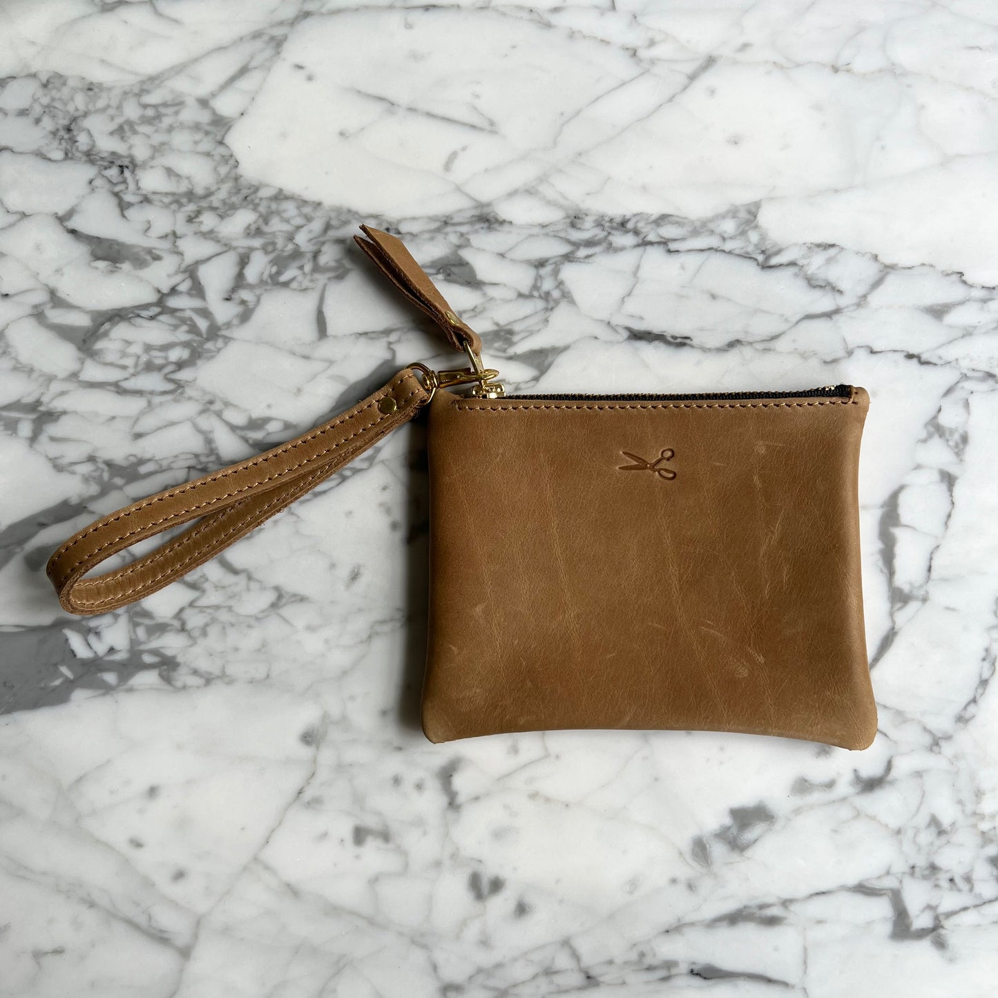 Leather Small Zip Pouch with wristlet strap