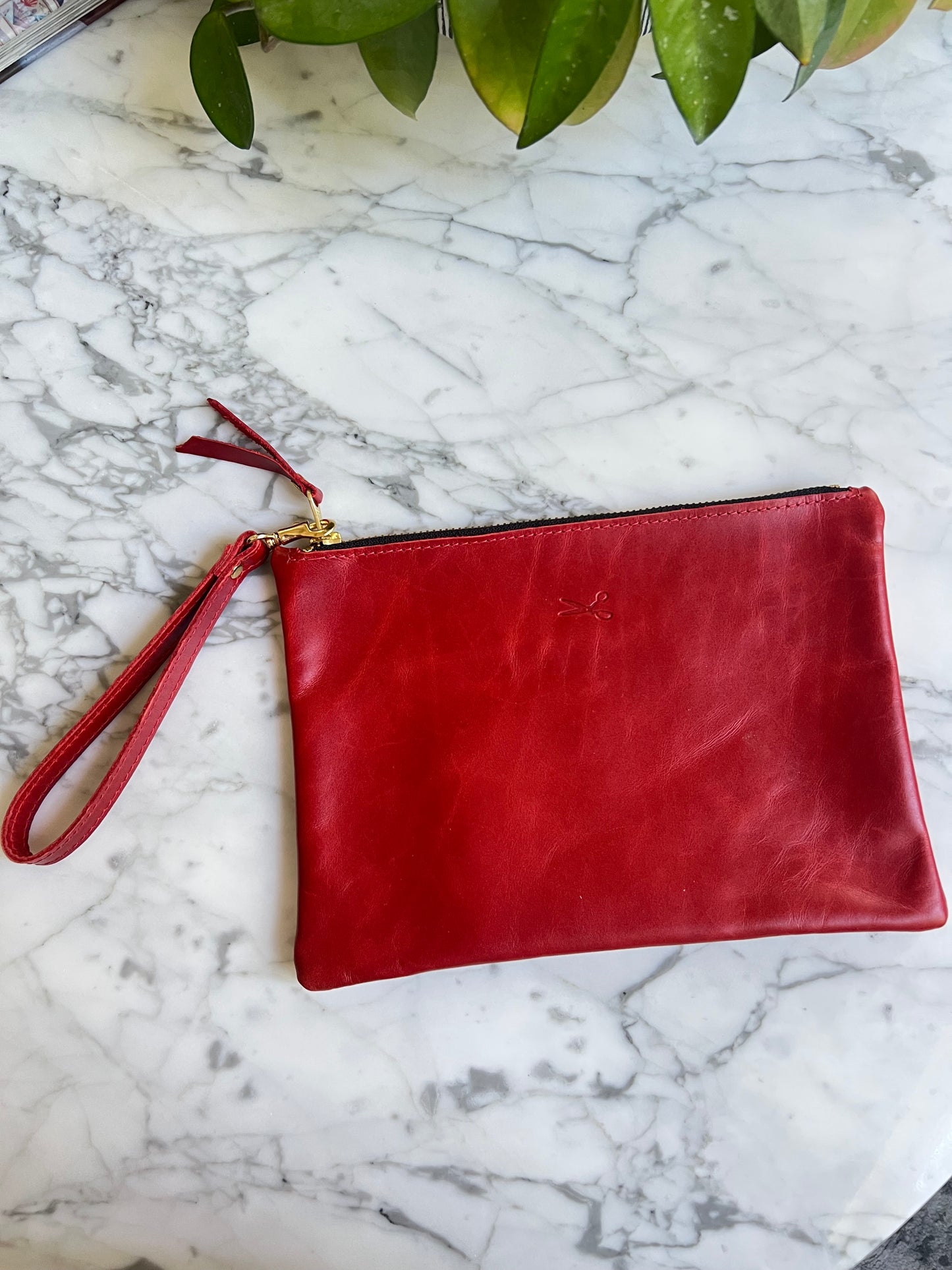 Leather Medium Zip Pouch with wristlet strap