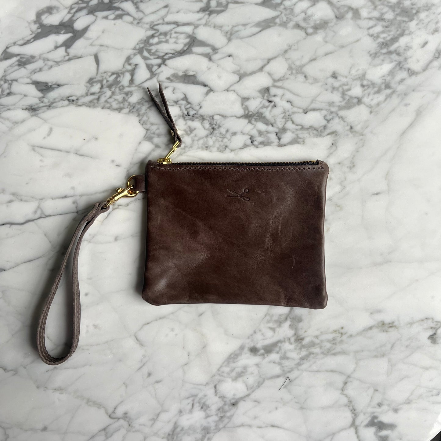 Leather Zip Pouch with wristlet strap