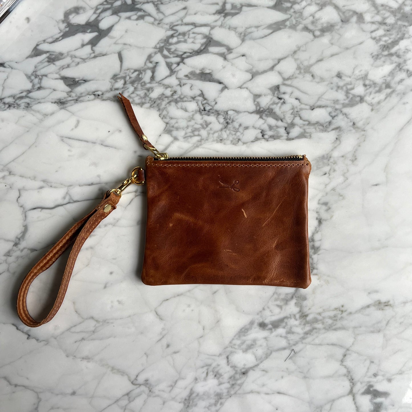 Leather Zip Pouch with wristlet strap