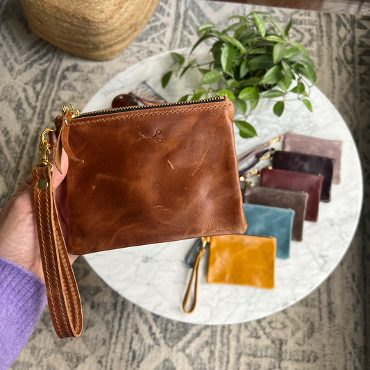 Leather Zip Pouch with wristlet strap