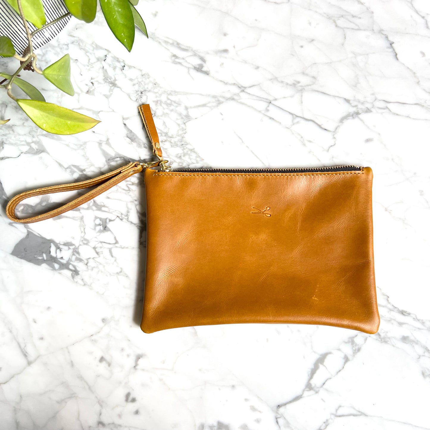 Leather Medium Zip Pouch with wristlet strap