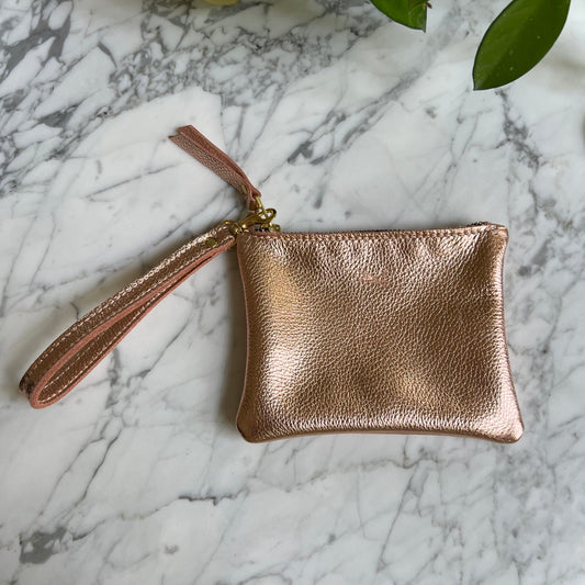 Metallic Leather Small Zip Pouch with wristlet strap