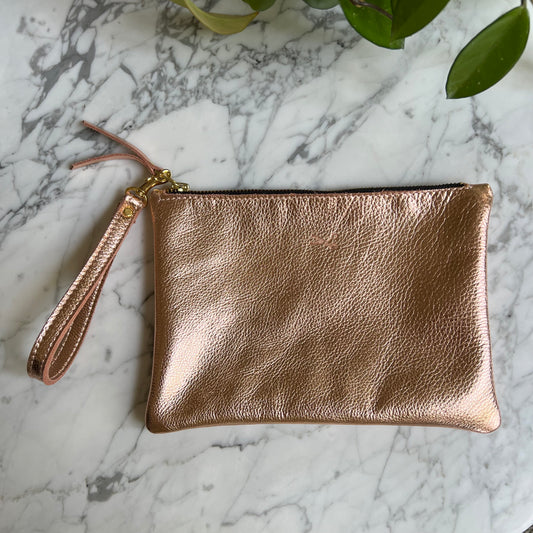 Metallic Leather Medium Zip Pouch with wristlet strap