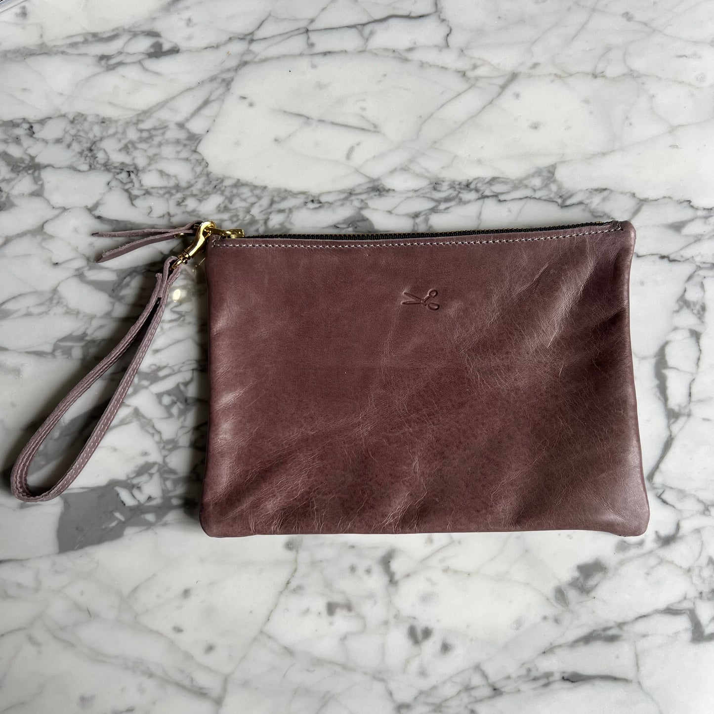 Leather Medium Zip Pouch with wristlet strap