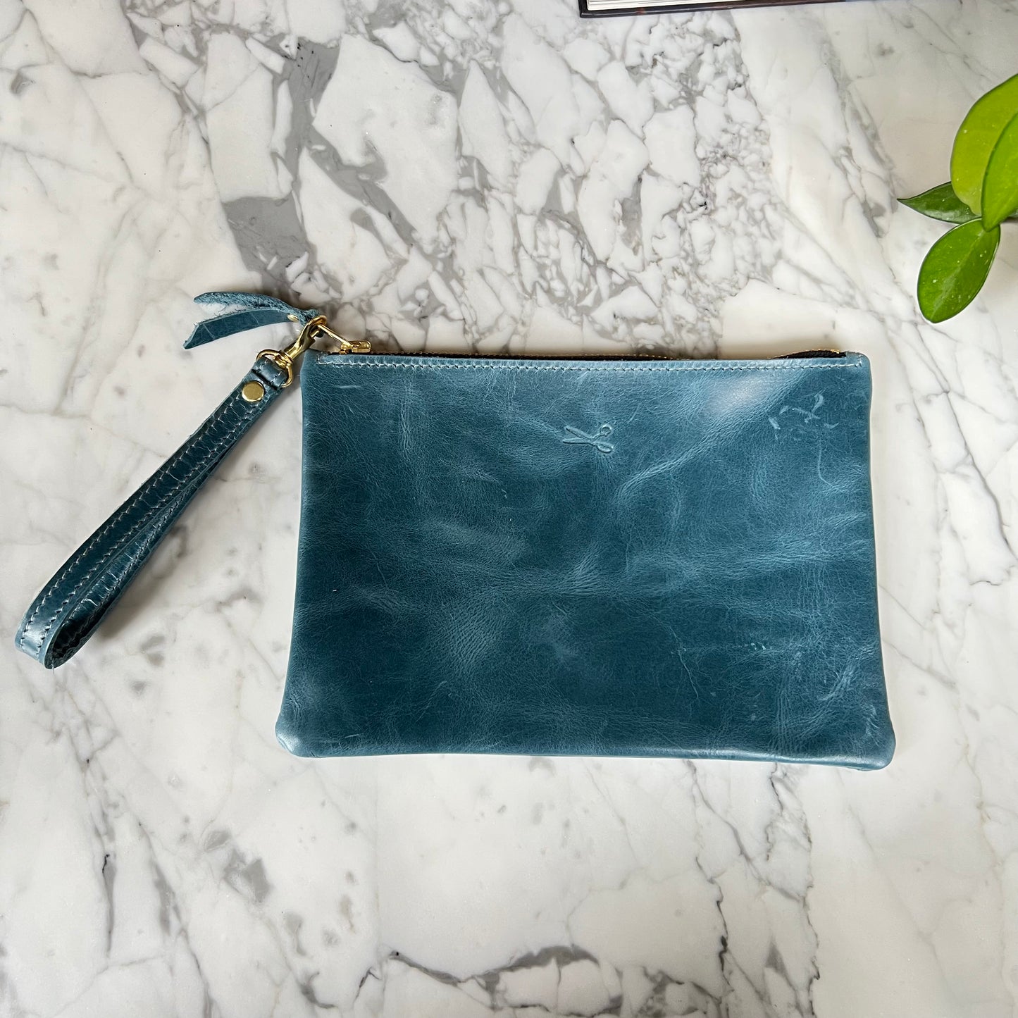 Leather Medium Zip Pouch with wristlet strap