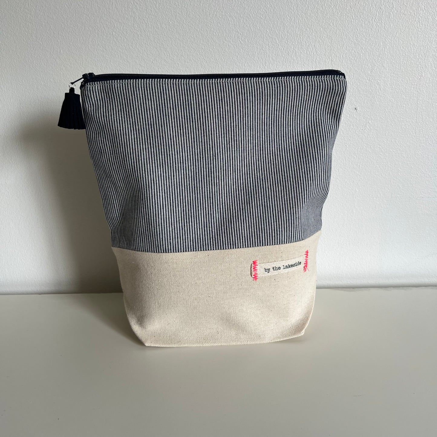 Small Project Bag- Denim Railroad Stripe